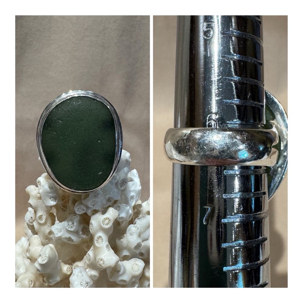 Green Sea Glass Sterling Silver Ring Size 6.25